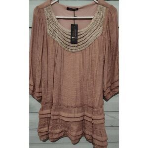 Pink tiered lined blouse with crochet neckline NWT Size S. Adorn Fashion